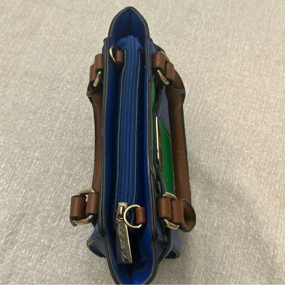 U.S. Polo Assn. Color-block Handbag Blue w/Green Brown Handles Gold Hardware